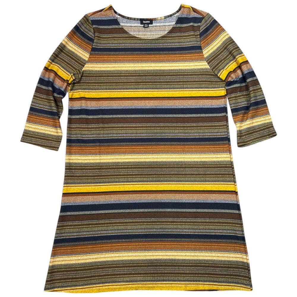 Tacera Striped Shift Dress Mustard Brown Navy 3/4 Sleeve Boho - PXL Petite